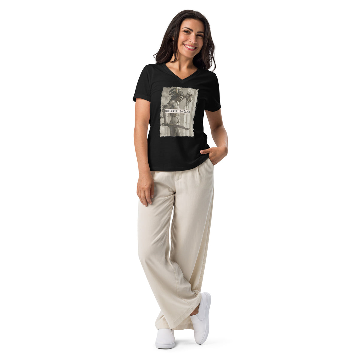 Medusa Shirt, Girls Will Be Girls V-Neck, Soft Combed Cotton T-Shirt