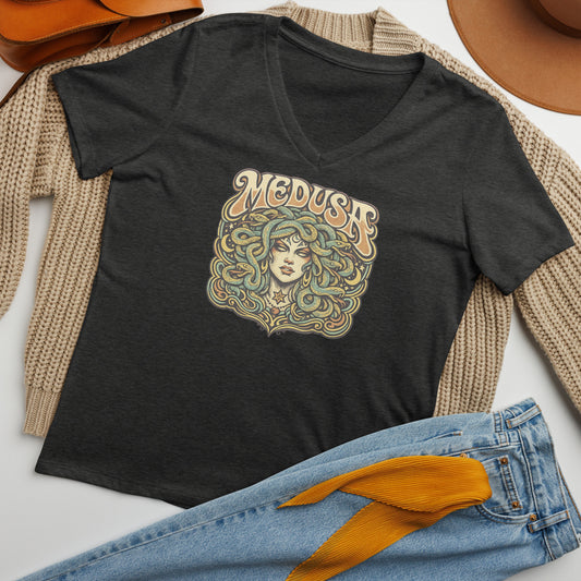 Medusa V-Neck Shirt, Vintage Retro, Female Empowerment, Soft Combed Cotton Tee