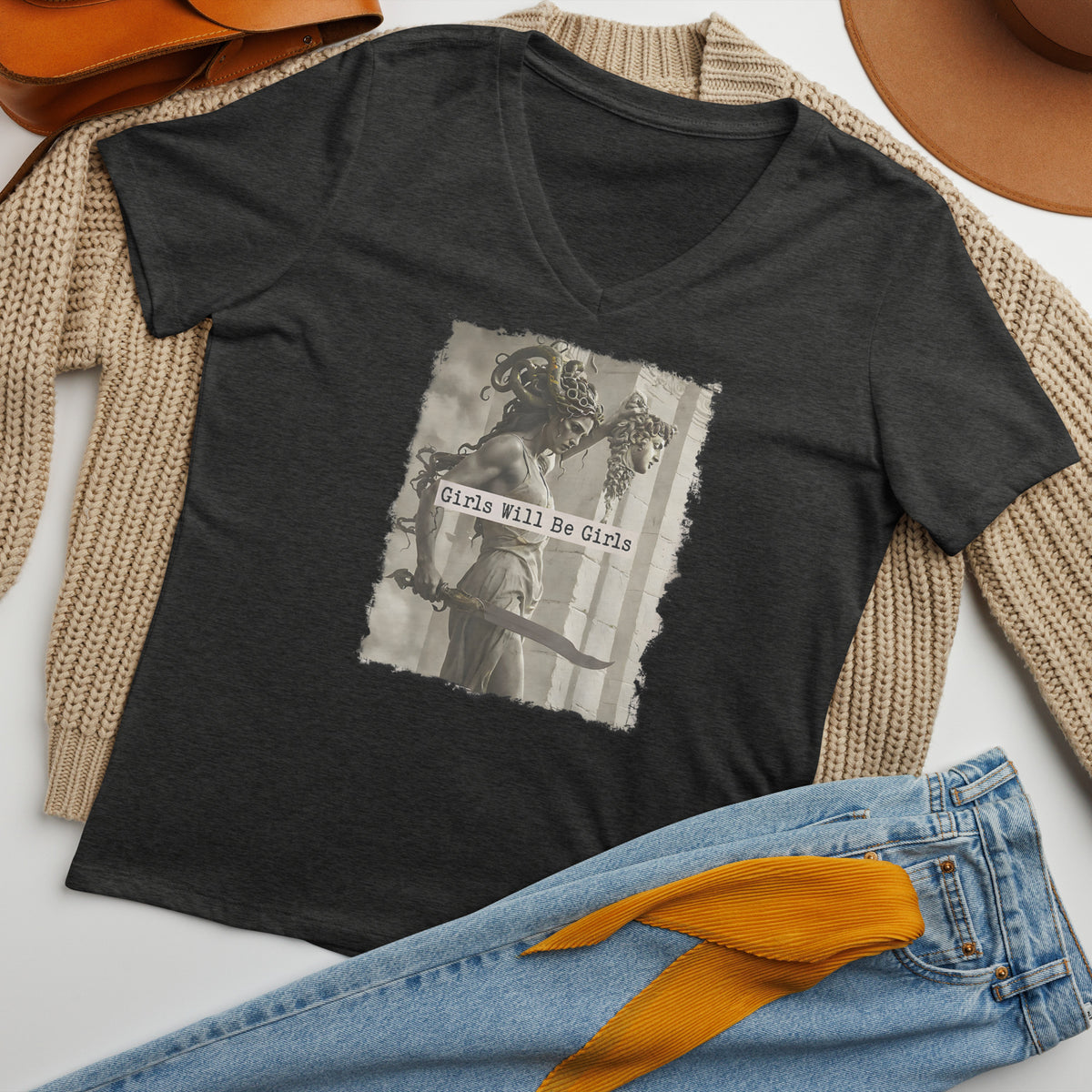 Medusa Shirt, Girls Will Be Girls V-Neck, Soft Combed Cotton T-Shirt