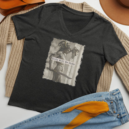 Medusa Shirt, Girls Will Be Girls V-Neck, Soft Combed Cotton T-Shirt