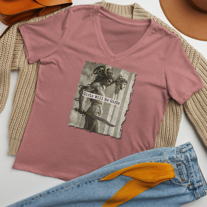 Medusa Shirt, Girls Will Be Girls V-Neck, Soft Combed Cotton T-Shirt