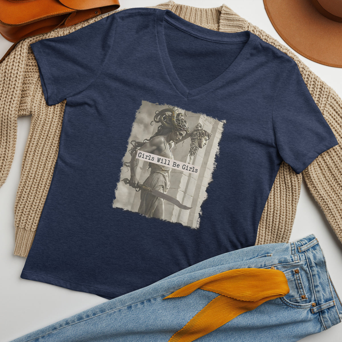 Medusa Shirt, Girls Will Be Girls V-Neck, Soft Combed Cotton T-Shirt
