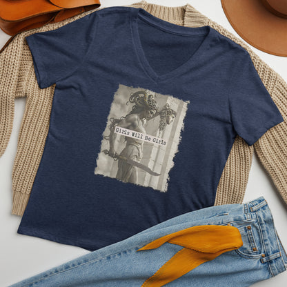 Medusa Shirt, Girls Will Be Girls V-Neck, Soft Combed Cotton T-Shirt