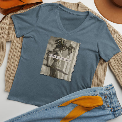 Medusa Shirt, Girls Will Be Girls V-Neck, Soft Combed Cotton T-Shirt