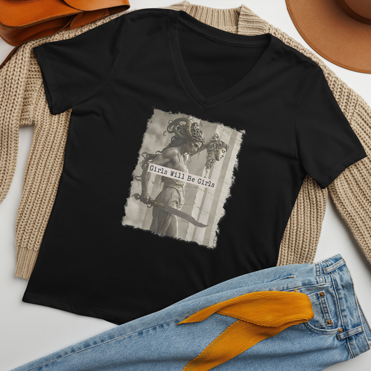 Medusa Shirt, Girls Will Be Girls V-Neck, Soft Combed Cotton T-Shirt