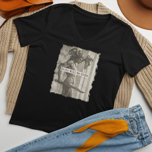 Medusa Shirt, Girls Will Be Girls V-Neck, Soft Combed Cotton T-Shirt