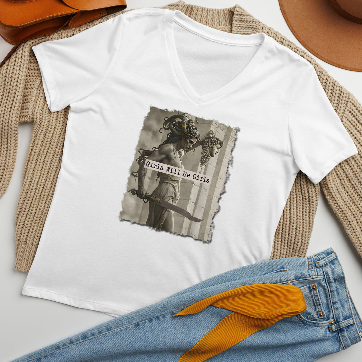 Medusa Shirt, Girls Will Be Girls V-Neck, Soft Combed Cotton T-Shirt